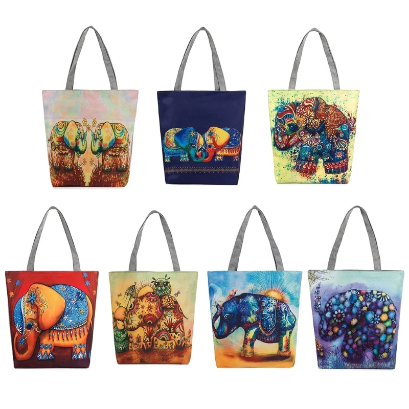 

THINKTHENDO Women Cartoon Elephant Printing Shopping Bags Canvas Handbags Shoulder Bag Girl New Fashion Large Capacity Zip Bags