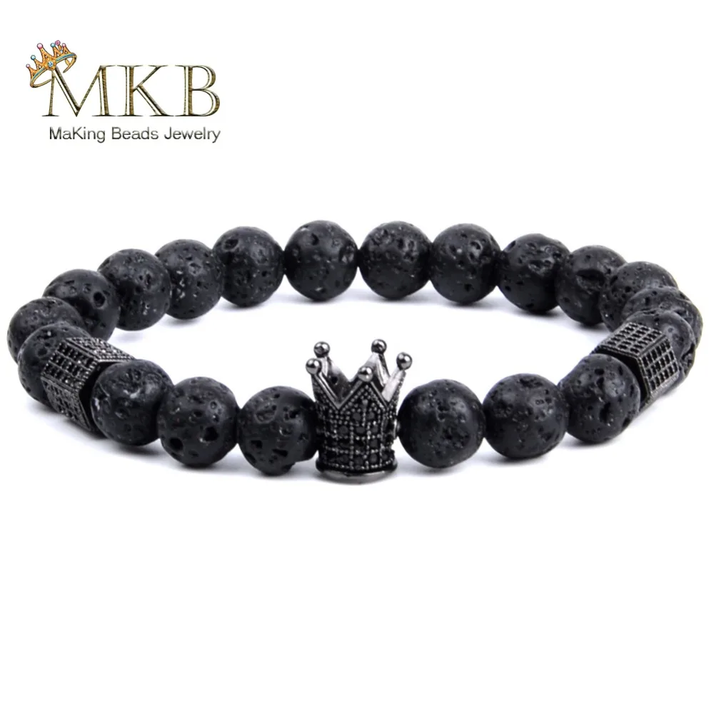 

Trendy Anil Arjandas Men Bracelet Micro Pave CZ Crown Charm Natural Black Lava Stone Bracelets For Women Handmade Jewelry Gift