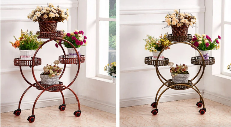 Ou shi, wrought iron multi-layer mobile push-pull florist. Pulley console pot frame.