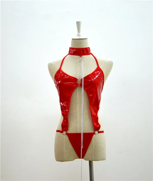 Сексуальное женское белье seksi glisten PVC из искусственной кожи, ночная сорочка, мишка, цепь бикини, боди, костюм для танцев на шесте, ночная рубашка - Цвет: Красный