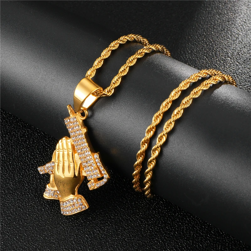 

HIP Hop Stainless Steel Bling Rhinestone Pendant Necklace Gold Color Prayer Hand Shape Necklaces & Pendants For Men Jewelry