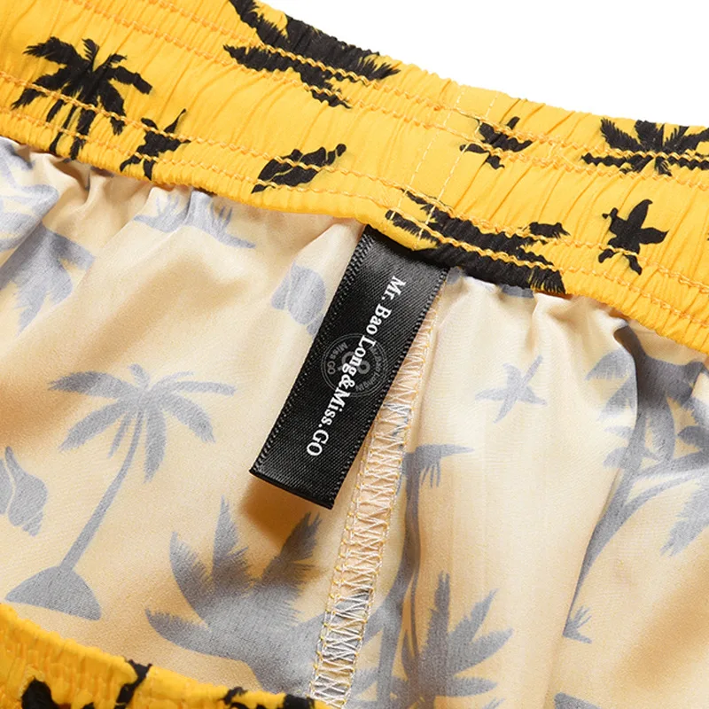 Summer Yellow Board Shorts Beach Surfing Swimwear Fitness Bodybuilding Swimming Trunks Coconut Tree Men's Bathing Suit
