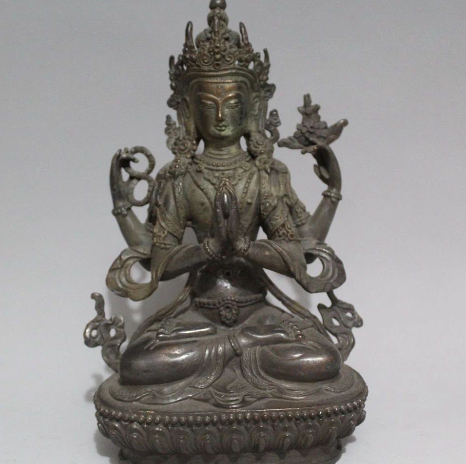

8"Tibet Pure Bronze 4 Arms Chenrezig Kwan-yin GuanYin Bodhisattva Buddha Statue