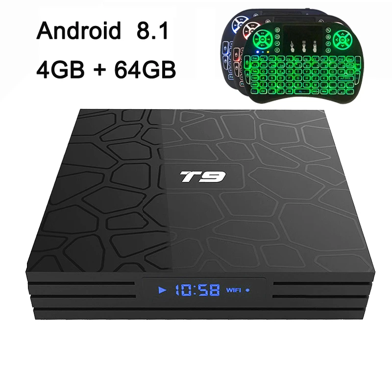 

4GB 64GB Smart TV Box T9 Android 8.1 Rockchip RK3328 Quad Core USB 3.0 H.265 2.4G&5.8G Dual WIFI Bluetooth 4K 1080P Set Top Box