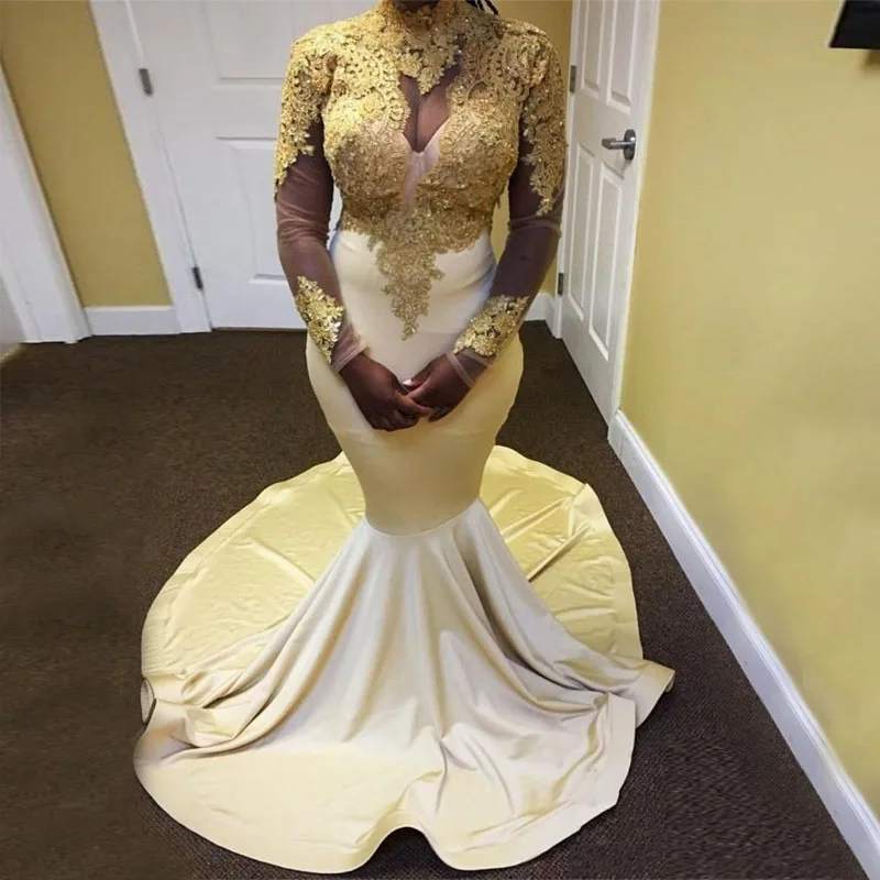 

Long Sleeves Mermaid Prom Gowns High Neck Appliques Gold White Plus Size African Evening Gowns Women Maxi Party Dresses
