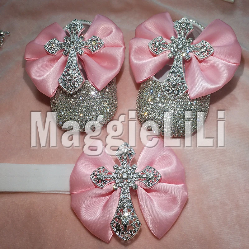 pink bowknot Custom Sparkle Bling crystals Rhinestones Baby girls shoes infant 0-1Y ribbon shoes First Walkers hairband 0032