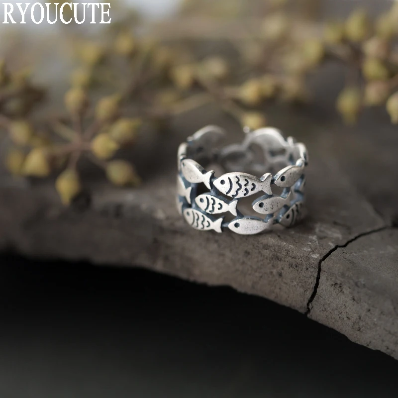 

Exaggerated Personality 925 Sterling Silver Fish Rings for Women Bohemian Vintage Adjustable Size Antique Rings