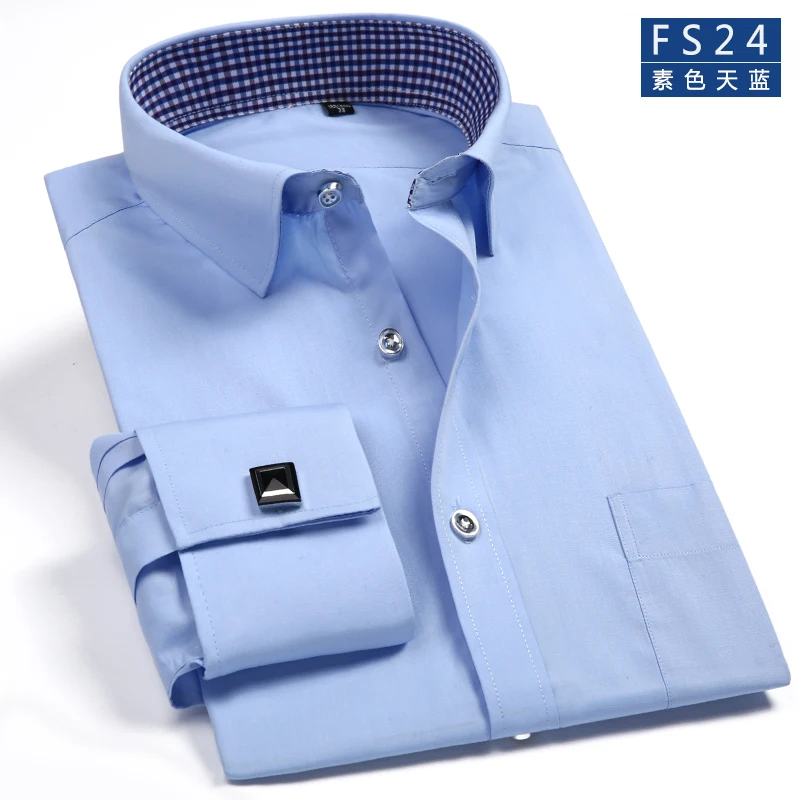 Бренд Высокое качество Новинка модная футболка в французском запонки для рубашки Для мужчин рубашка Slim Fit с длинным рукавом однотонные Цвет хлопок 4XL - Цвет: fs24