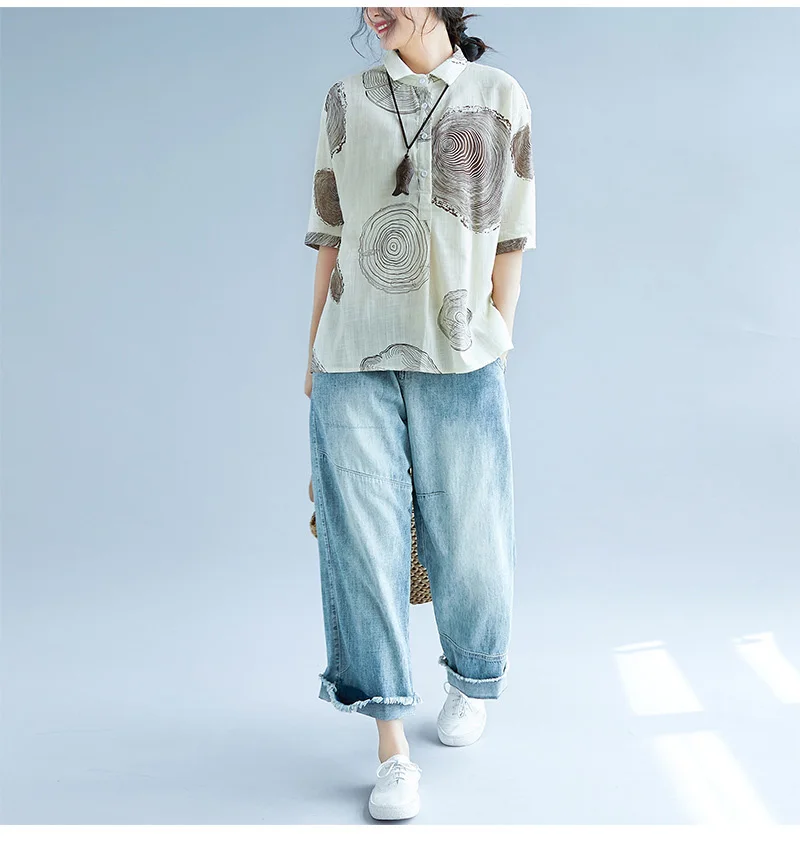 Johnature, Корейская женская тонкая рубашка большого размера, осень, новинка, свободная, удобная, с принтом, хлопок и лен, с отворотом, рубашка, топы
