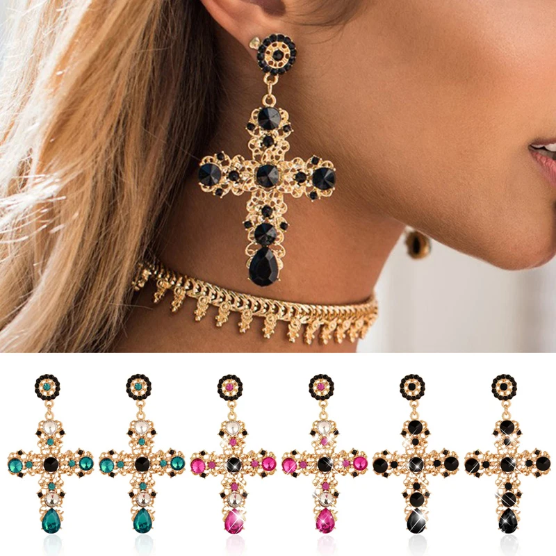 

Elegant Cross Boho Women Lady Rhinestone Dangle Drop Rhinestone Ear Earrings