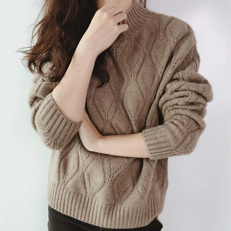 Lafarvie Cashmere Blended Knitted Sweater Women Autumn Winter Turtleneck Hollow Pullover Female Argyle Pattern Loose Sweater