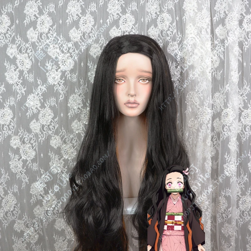 

Anime Kamado Nezuko Cosplay Wig Blade of Demon Slayer Kimetsu no Yaiba Halloween Anime Curly Hair Mixed Black Brown + Wig Cap