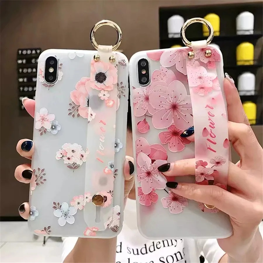 

Fashion Relief Flower Case for iphone X XR XS MAX 6S 7 8 Plus for Samsung S8 S9 S10 Plus Note 8 9 Wrist Strap Holder Soft Cover