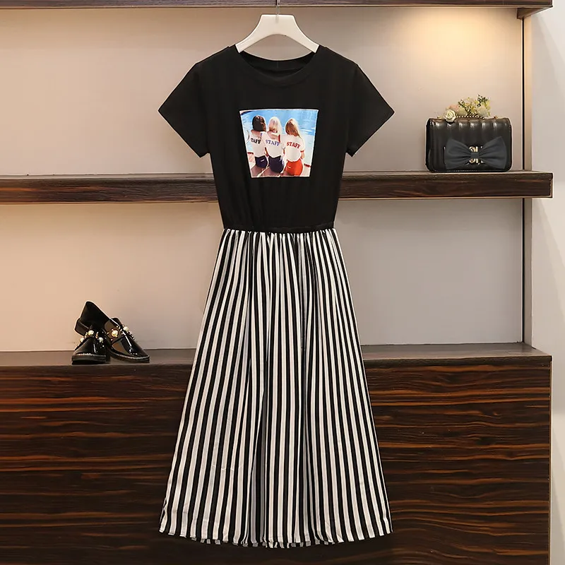 

XL- 5XL Plus size Korean Style Women Summer Short Sleeves Girls Print Patchwork Stripe Dress Female Casual Dresses N017