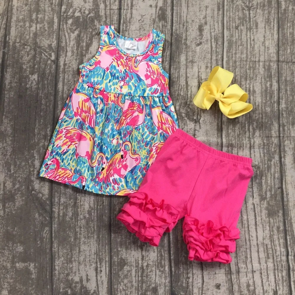 

new arrival baby girls summer clothing children flamingo outfits girls flamingo top with hot pink ruffle shorts clothes with bow