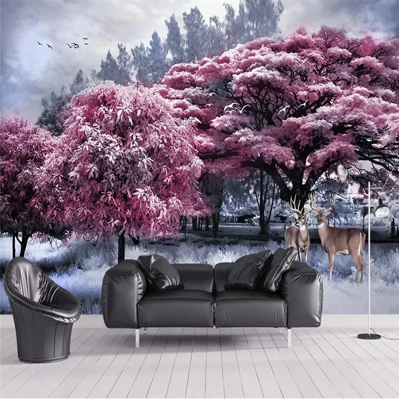 

Customized wallpaper beautiful pink forest tree elk landscape background wall painting high-grade waterproof material