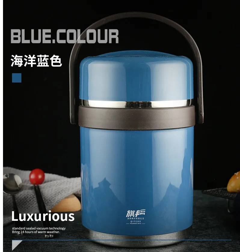 Термос контейнер для еды Ланч-бокс с подогревом Портативный Ланч-бокс из нержавеющей стали 2л термос-контейнер для еды Bento box - Цвет: Синий