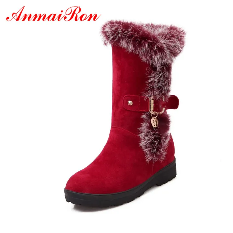 

ANMAIRON Fashion Winter Women's Shoes Flock Mid-Calf Slip-on Round Toe Low Heel Height Increasing Women Boots Black Red Shoes