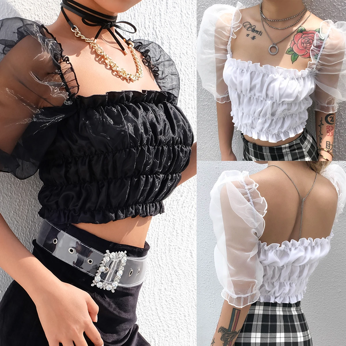 Womens Blouse Girl Puff Sleeve Mesh Spliced See-Though Vintage Crop Top Short Blouse Fashion Slim Summer Sexy Blouse For Womens
