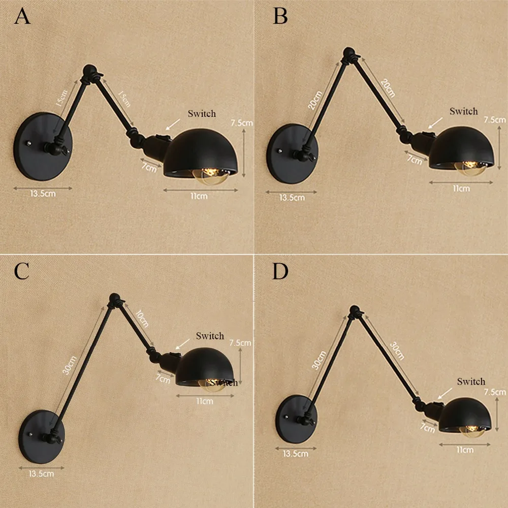 Промышленный стиль Бра настенное освещение с регулируемой рукояткой Ретро светодиодный настенный светильник переключатель для дома арт-деко AC 90-260 в черный Цоколь E27
