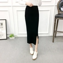 Autumn Winter Sexy Women Slim Split Long Skirts High Waist Knitted Cotton Pencil Skirts Super Elastic Maxi Skirts Oc12