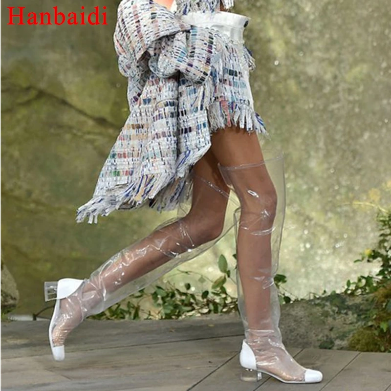 

Hanbaidi Sexy PVC Clear Women Summer Boots Runway Round Toe Mid Heel Over the Knee Boots Party Wedding Shoes Women Zapatos Mujer