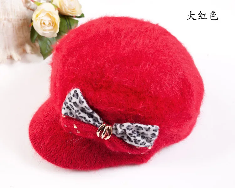 Осенне-зимние леопардовые зимние шапки с бантом для женщин Gorros, женская утепленная плюшевая вязаная шапка с коротким козырьком из искусственного кроличьего меха