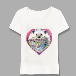 Летняя женская футболка, крутая футболка с принтом в виде сердца ежика, Белые Повседневные топы, милые новинки для девочек, футболки для