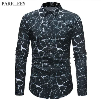 

2019 Fashion Ice Crack Printed Shirt Men Casual Slim Fit Mens Black Social Dress Shirts Creative Hipster Streetwear Europe Size