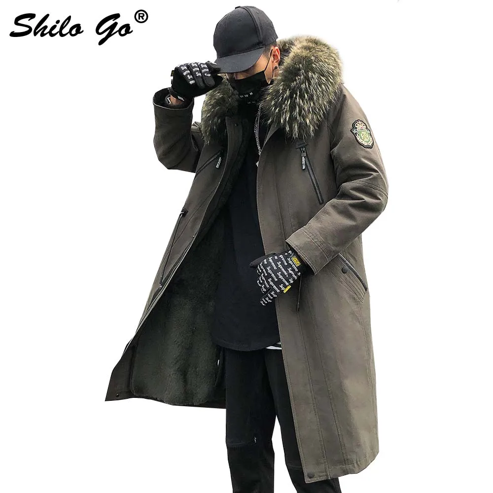 4XL Mens Winter Legergroen Parka Jassen Dikke Parka Plus Size Rits Echte Bontkraag Capuchon Konijn Voering Uitloper Bont jas