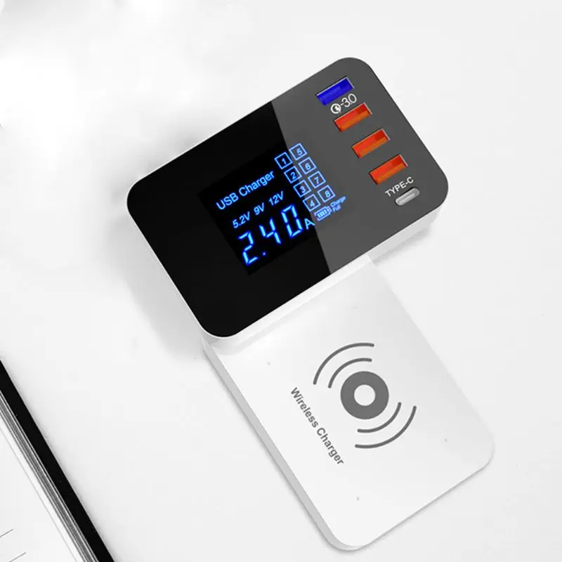 

QI Wireless Charger Quick Charge 3.0 Smart USB Type C Charger Station HUB Led Display Fast Charging Power Adapter For iPhone