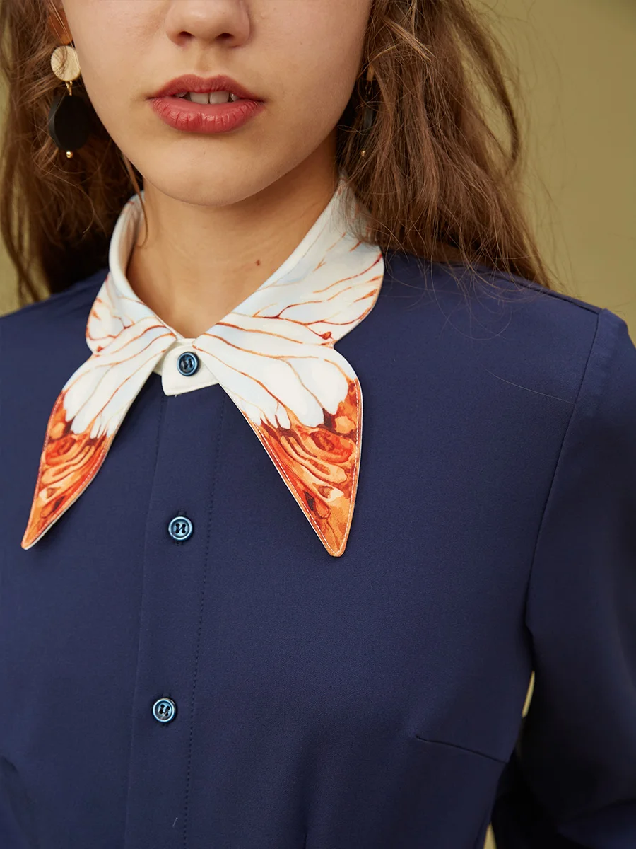 

LYNETTE'S CHINOISERIE Spring Autumn Original Design Women Dark Blue Color Block Aesthetic Elegant Vintage Butterfly Print Shirt