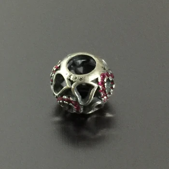 

100% 925 sterling silver hollow out bead with heart shape inlaid pink crystal on its surface fit Pd bracelet for women gift