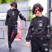 Женская индивидуальность черная футболка новая осенняя мода свободная, с принтом в виде надписи стоячий воротник с длинным рукавом женская уличная футболка Топы