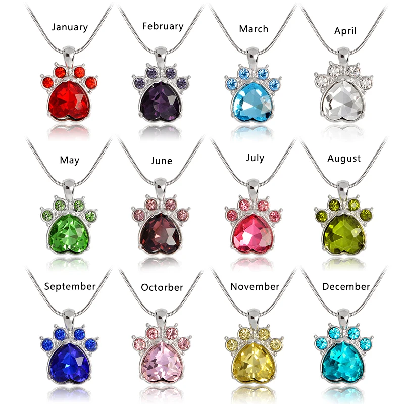 Birthstone-Paw-Print-Pendant-Necklace-Snake-Chain-Red-Blue-White-Green-Pink-Yellow-Purple-Animal-Pet