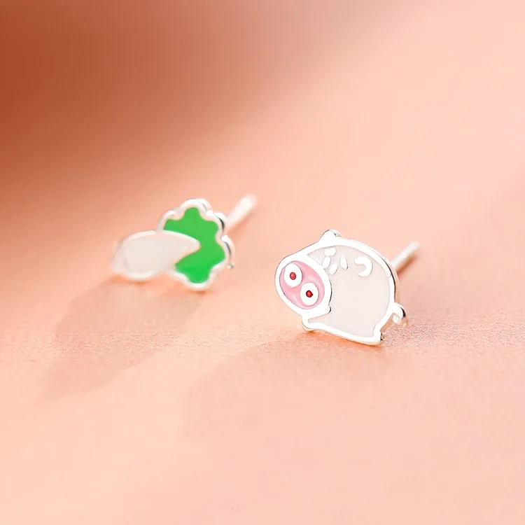 

Real Sterling 925 Silver Cute Pig Cabbage Asymmetrical Earrings Stud Earrings Korean Personality Wild Earrings