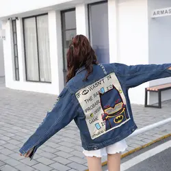 2018 Осень Новый Harajuku Стиль мультфильм печати джинсовая куртка Для женщин Ретро хлопковые Свободные нагрудные письмо джинсовая куртка с