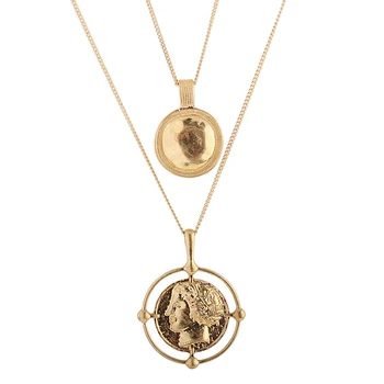 

Vintage Gold Color Figure Medal pendant necklace bohemian female double-layer necklace retro gold carved coin necklace jewelry