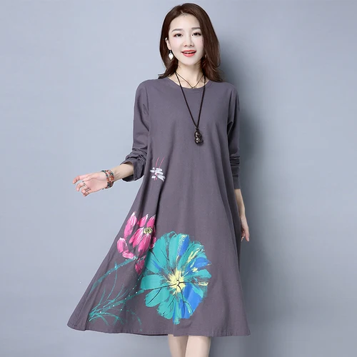 

Medium long Printed Women Dress 2018 New Casual Spring And Autumn Long sleeves Large size Set head Round neck Women Dress