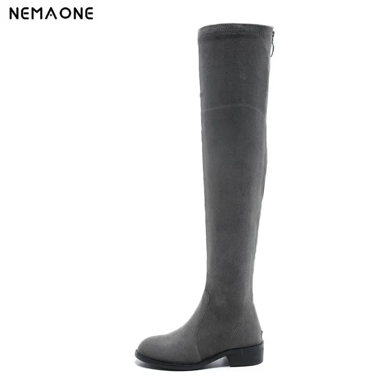 

NemaoNe zipper Thigh High Boots Female Winter Boots Women Over the Knee Boots Flat Stretch Sexy Fashion Shoes 2018 Black gray