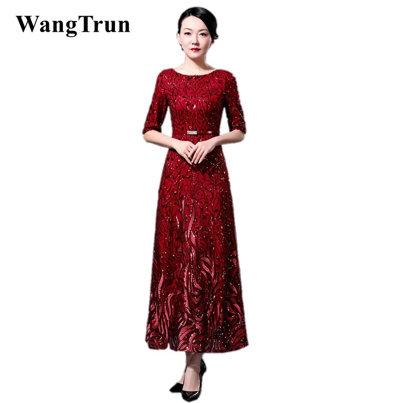 

Burgundy 2019 Mother Of The Bride Dresses A-line Half Sleeves Sequined Lace Plus Size Long Elegant Groom Mother Dresses Evening