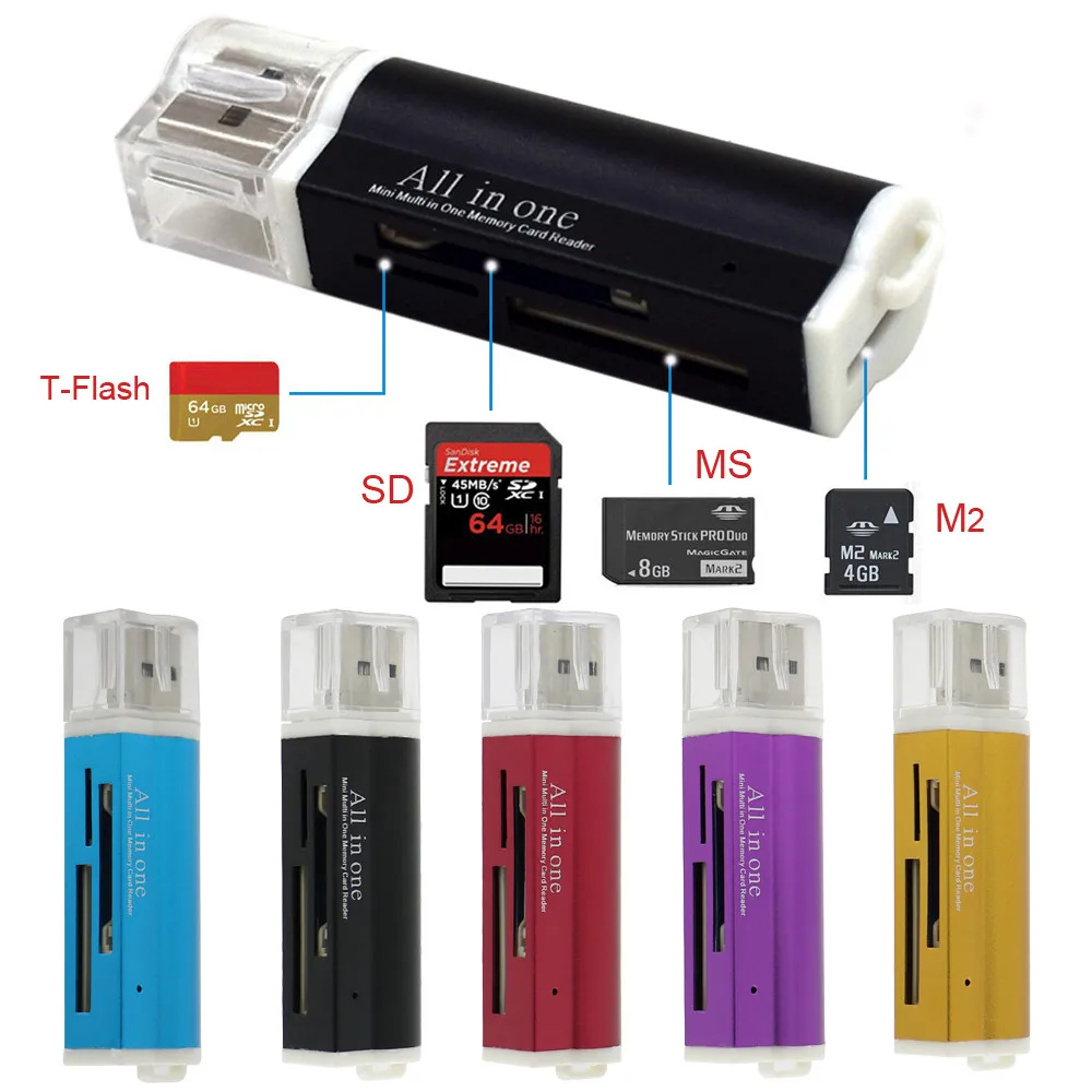 Factory price Hot Sell for Micro SD SDHC TF M2 MMC MS PRO DUO All in 1 USB 2.0 Multi Memory Card Reader J09T Drop Shipping#T10