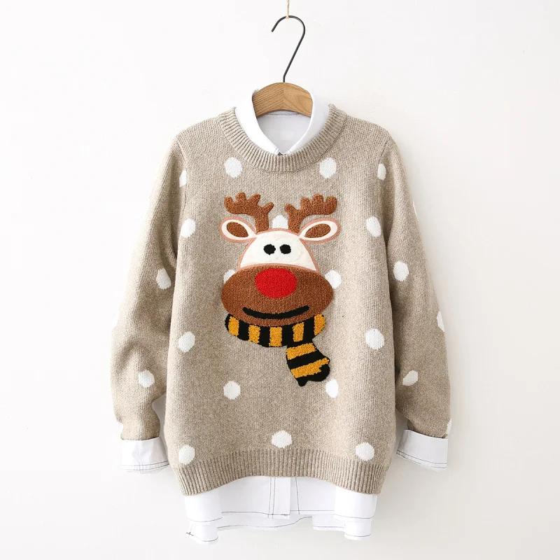 

Winter Women Polka Dot Sweaters Female Casual Loose Pullovers Knitwear Kawaii Cartoon Lovely Christmas deer Appliques Sweater
