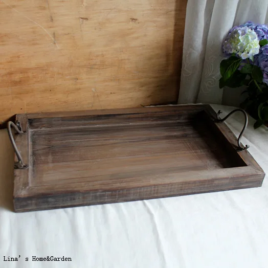 

handmade rectangle shabby chic storage solid wood tray with metal handles