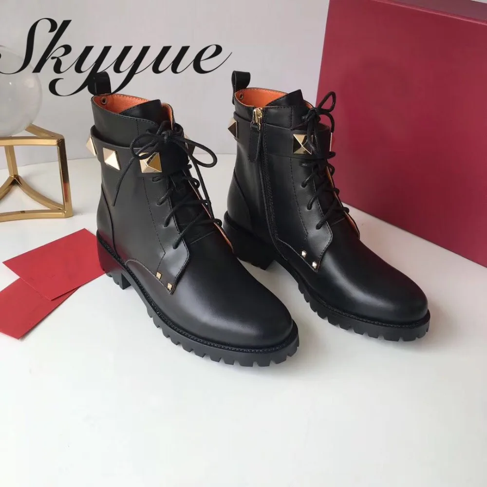 

SKYYUE Top Quality Geneuine Leather Gladiator Lace Up Women Boots Round Toe Metal Studded Women Casual Boots Shoes Women