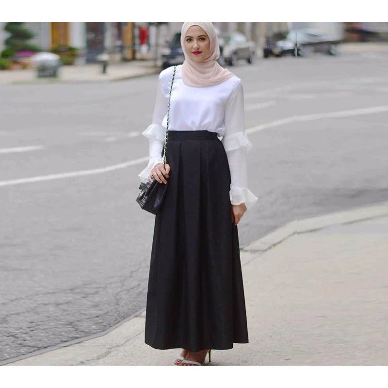 Muslim Black Maxi Skirt A Line Floor Length Long Skirt Pleated Satin