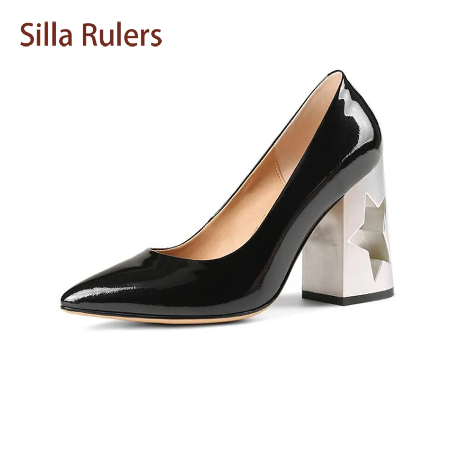 

Silla Rulers New Designe Strange Hollow Five Star High Heel Women Pumps Pointed Toe Chunky Heel Shallow Office Lady Party Shoes