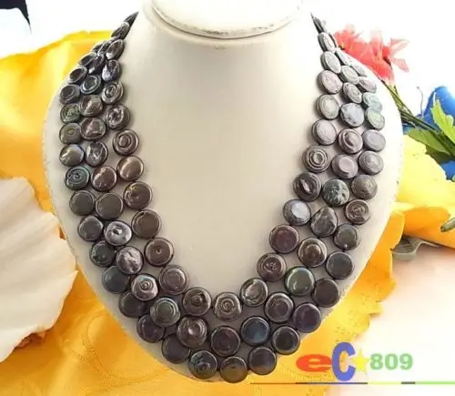 

Hot selling free shipping*******3ROW 14MM BLACK COIN FRESHWATER CULTURED PEARL NECKLACE SHELL p975