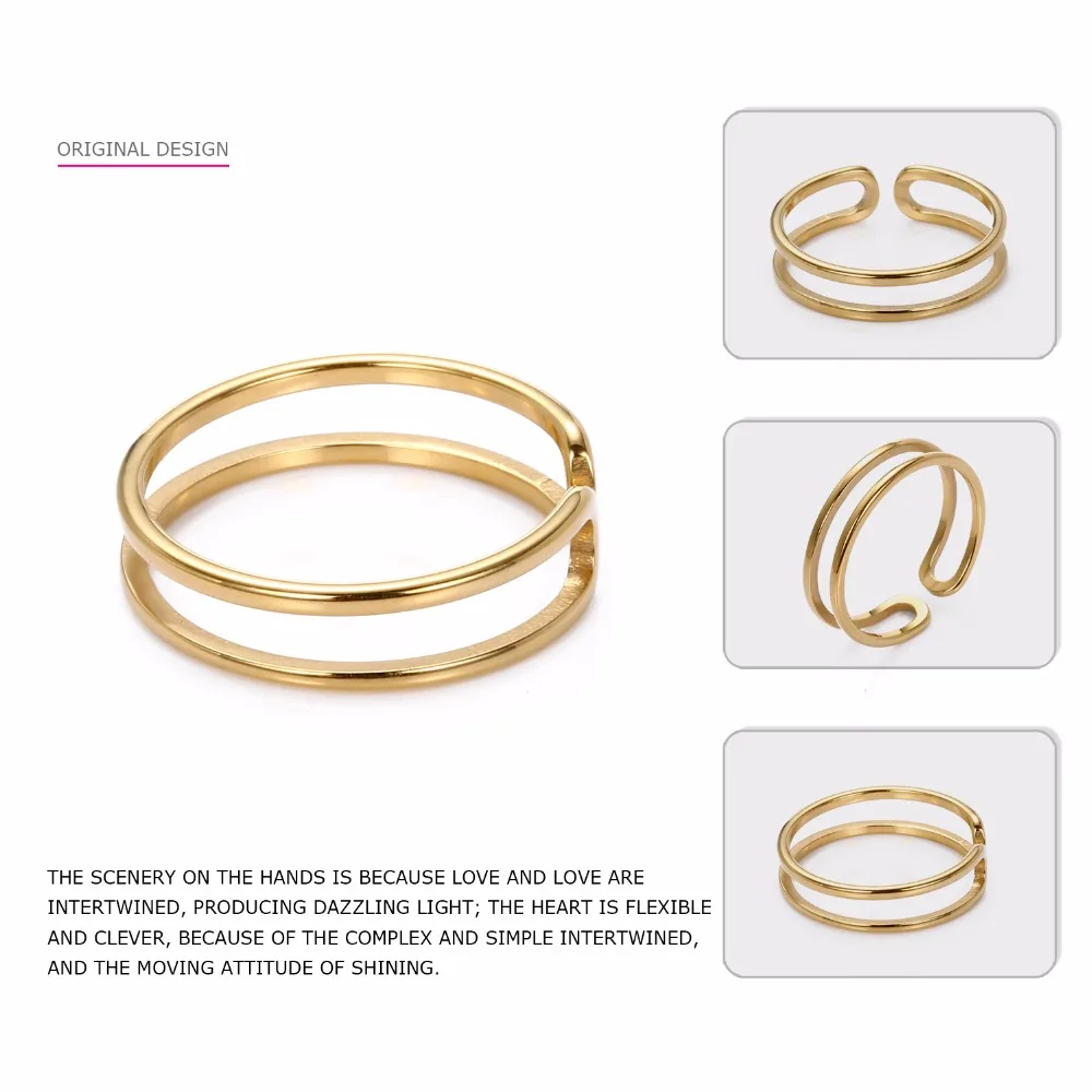 Нержавеющая сталь кольца для женщин открытым Регулируемый двойные кольца в золото Цвет свадьбы юбилей подарки eManco