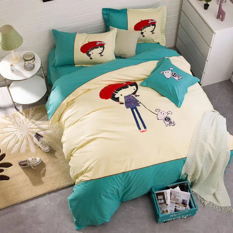 

Turquoise Yellow Cartoon Girls Applique Embroidered Bedding Sets Twin Full Queen Size Duvet Covers Bedspreads Cotton Woven Babys